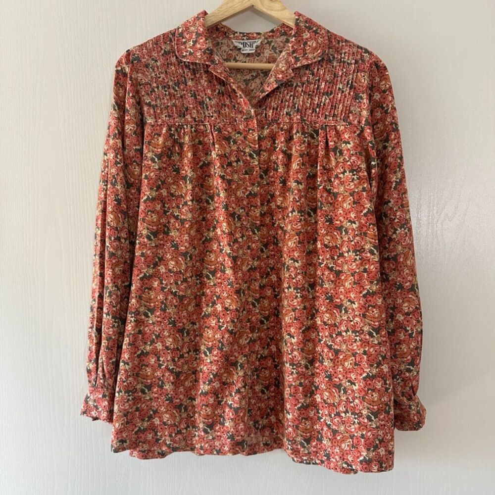 Hiyoshiya Womens Tokyo Japan Floral Long‎ Sleeve Yoke Pleated Pink Blouse Top